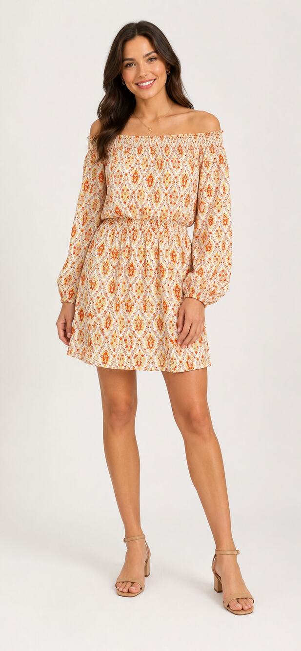 Sanctuary Off Shoulder Mini Dress Womens Size Small Orange Yellow Ikat Boho New